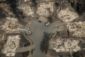 An aerial view of one devastated street